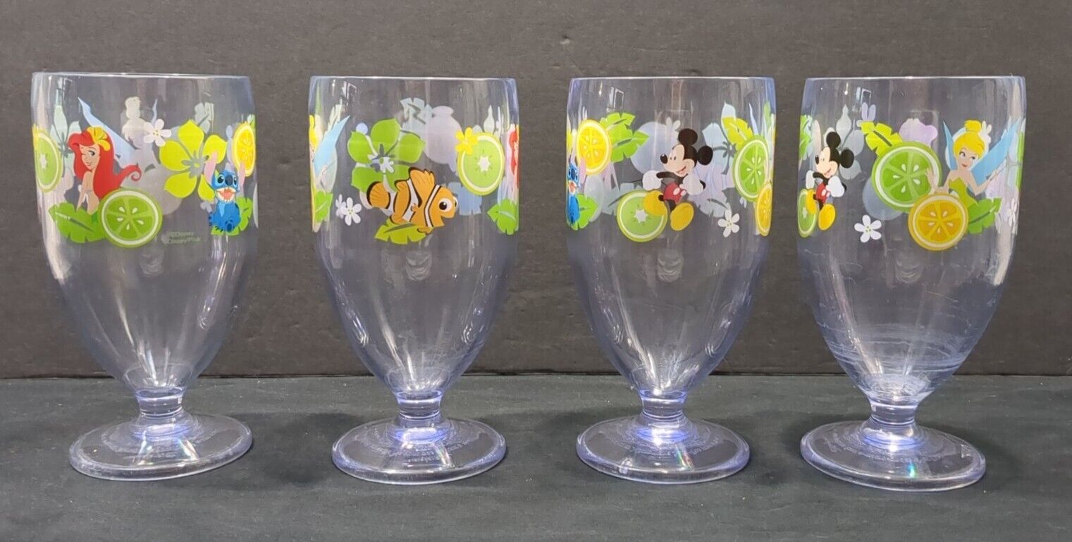 Set 4 Disney Store Summer Plastic Goblet Cup Drink Ariel, Nemo, Tinker Bell 