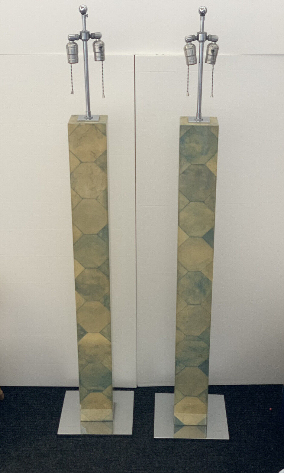 Vintage Mid Century Chrome Column Floor Lamp Pair Attributed Karl Springer