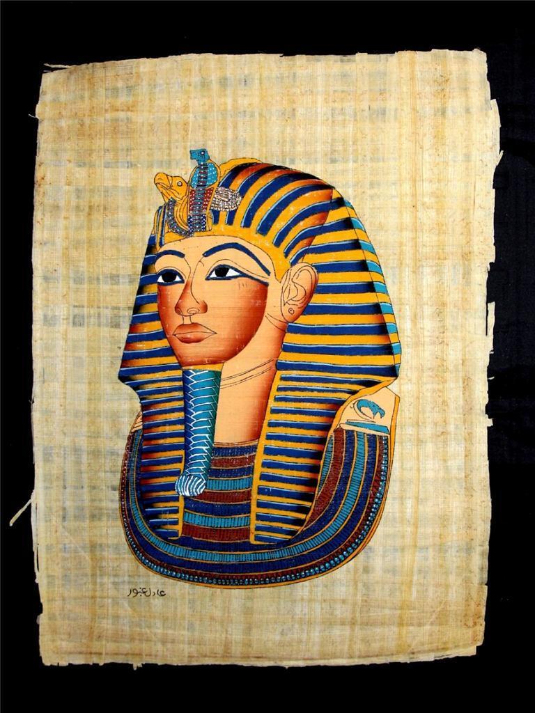 Rare Authentic Hand Painted Ancient Egyptian Papyrus-Mask of King Tut Ankh Amun