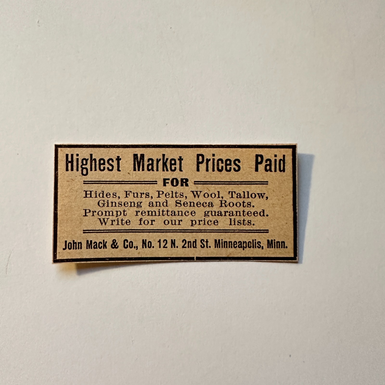 John Mack & Co. Highest Market Prices Paid 1906 Minneapolis Ad 5AL1-S22