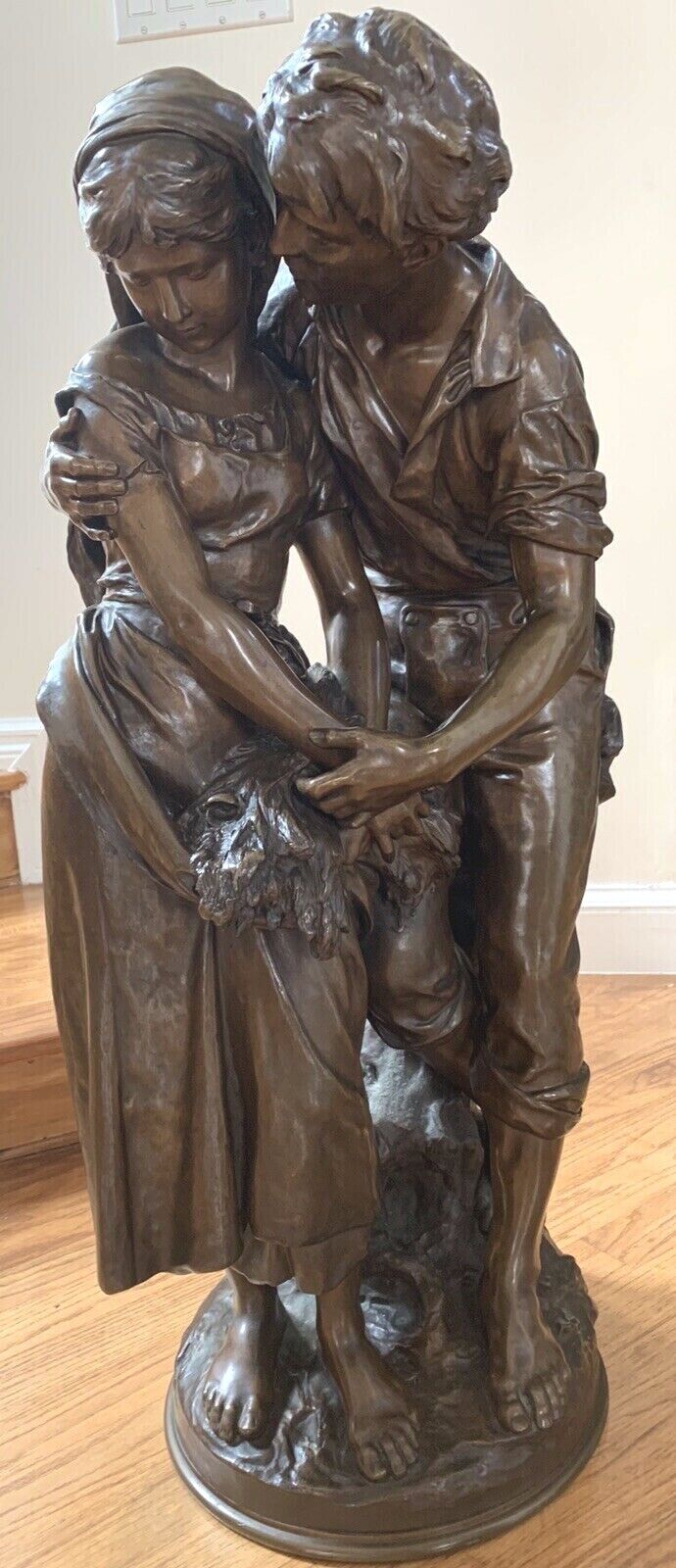 AN IMPORTANT 19 CENTURY FRENCH BRONZE 31'' HIGH LOVERS STATUE BY MATH MOREAU