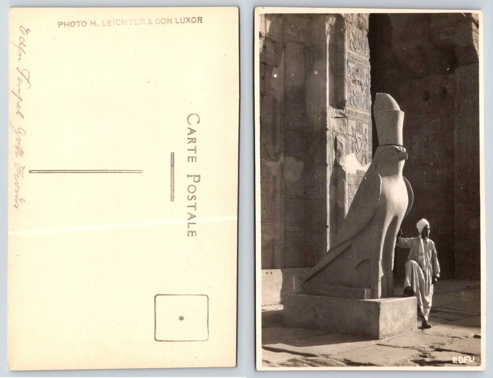 RPPC Edfu Temple Horus Statue Man Egypt Postcard AA577