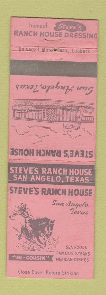 Matchbook Cover - Steve's Ranch Hous eSan Angelo TX WEAR