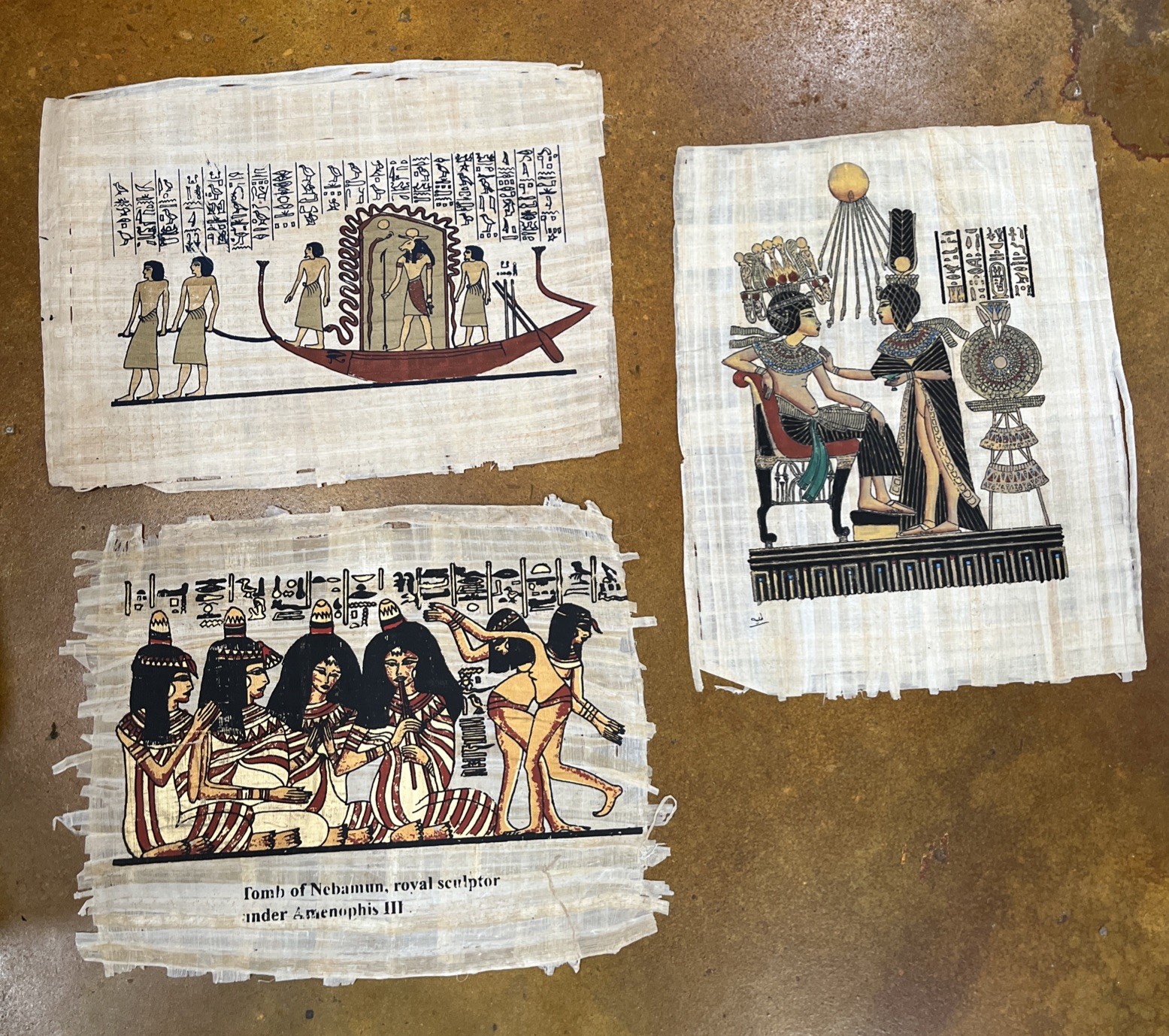 3 Egyptian Scenes Handpainted On Papyrus 17” X 13” with vivid color designs. 3 Egyptian Scenes Handpainted On Papyrus 17” X 13” with vivid color designs.
