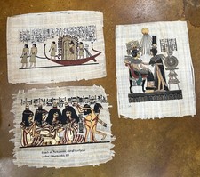 3 Egyptian Scenes Handpainted On Papyrus 17” X 13” with vivid color designs. picture