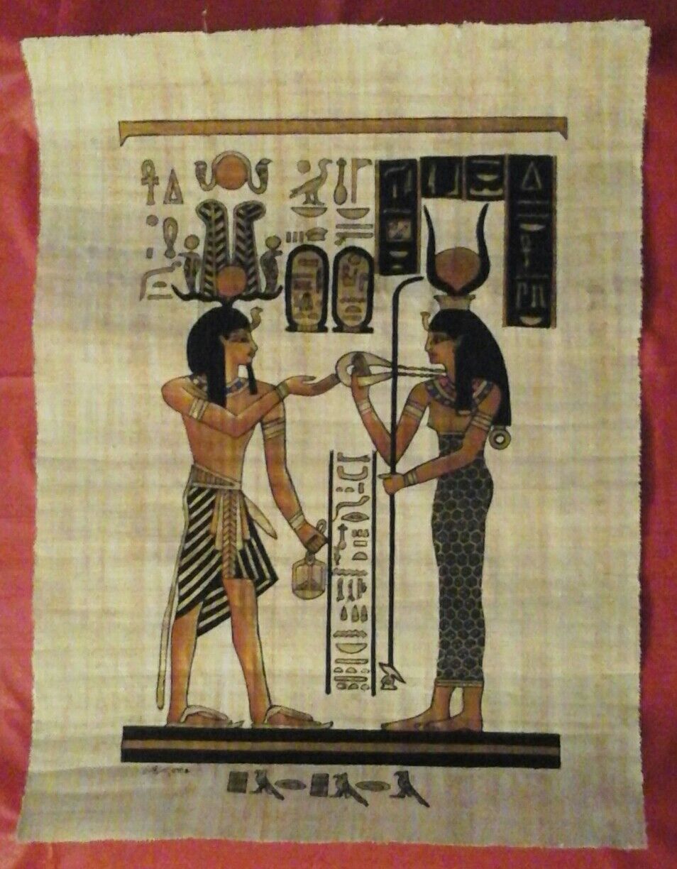 EGYPTIAN Hand Painted Genuine PAPYRUS Goddess HATHOR w God OSIRIS Egypt Signed 