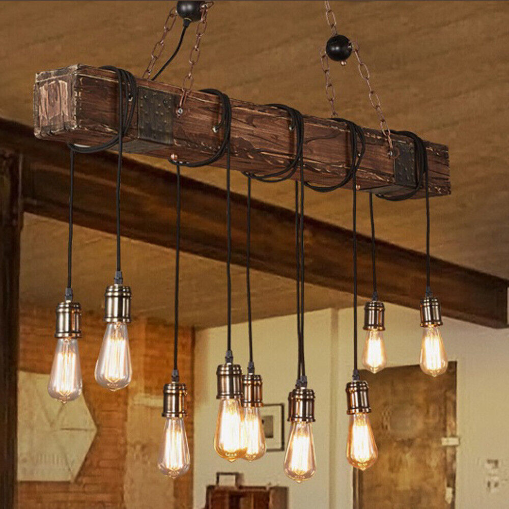 Wood Ceiling Lamp Rustic Industrial Pendant Light Chandelier Fixture Dining Room