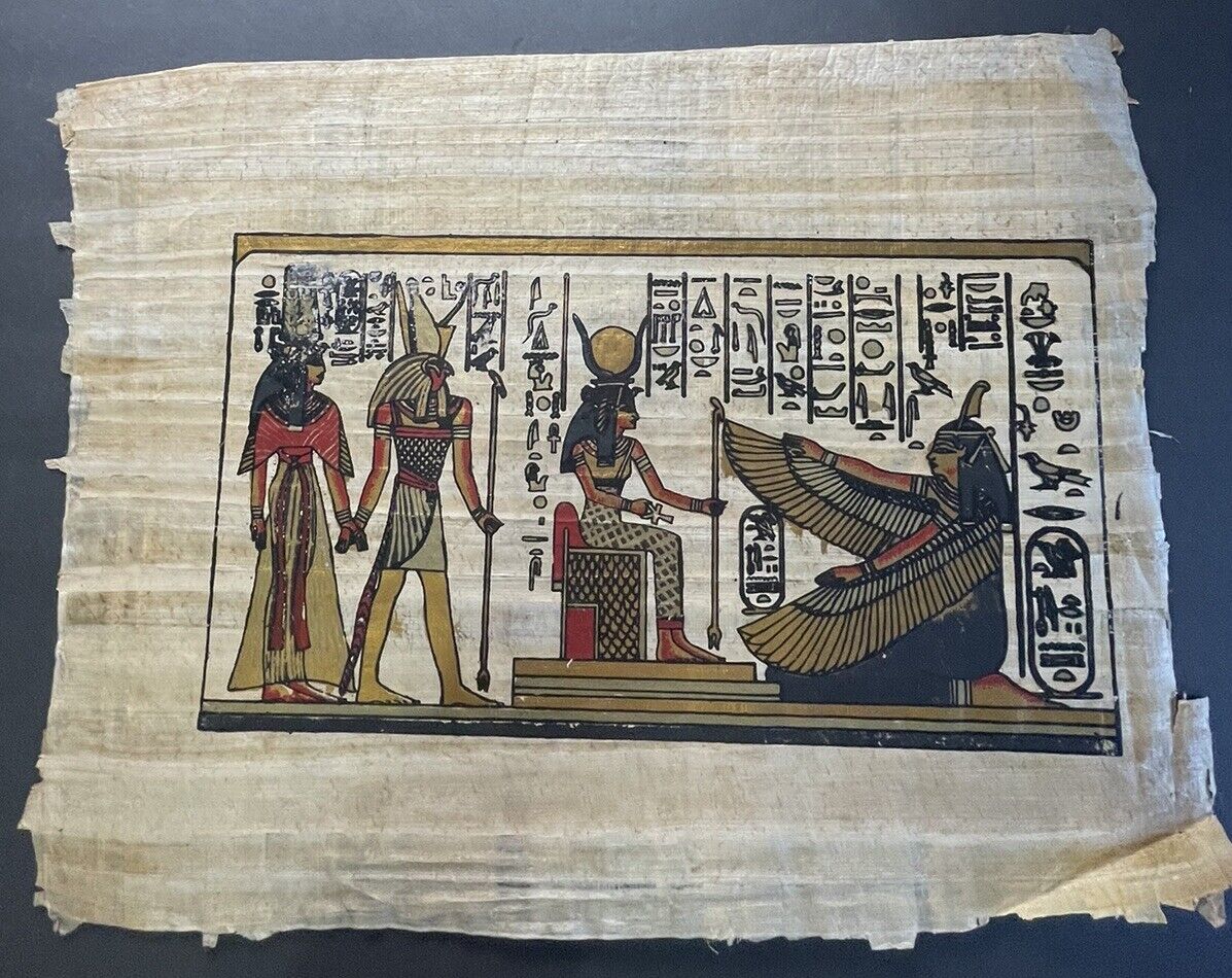 Vintage Egyptian Papyrus Art Hand Painted Nefertari, Maat, Horus & Isis (A)