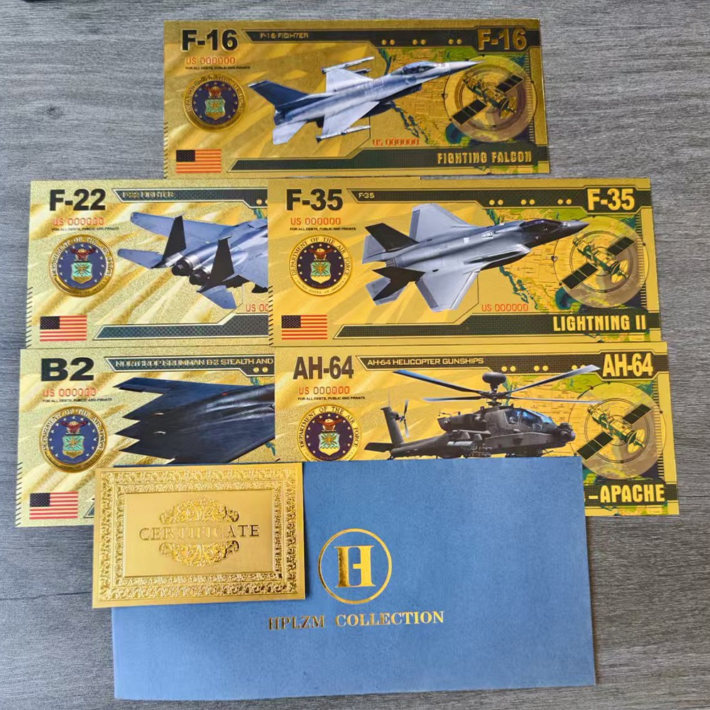 Military Aircraft Gold Foil Note Set F35 F22 F16 B2 AH64 | 5 Designs + Envelope Military Aircraft Gold Foil Note Set F35 F22 F16 B2 AH64 | 5 Designs + Envelope