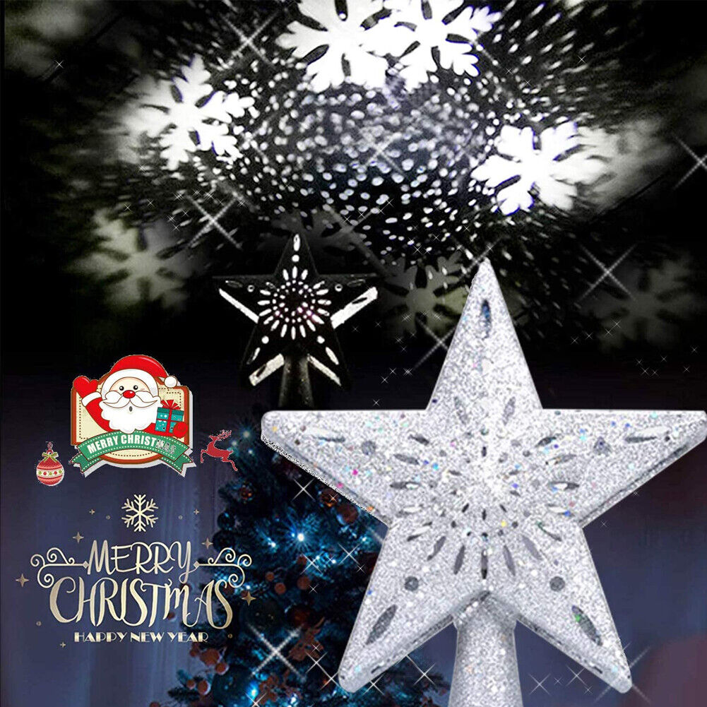 Christmas Tree Topper Lighted LED Star Snowflake Projector Rotating Lamp Decor