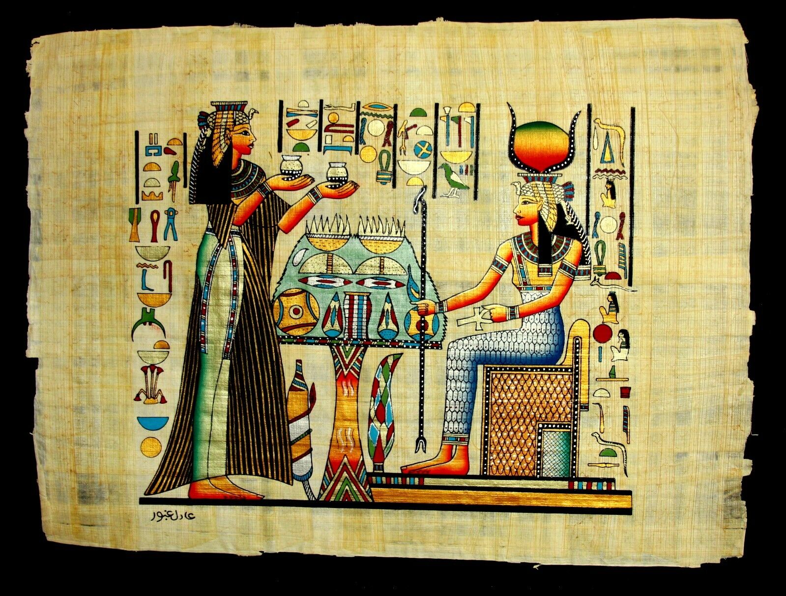 Rare Authentic Hand Painted Ancient Egyptian Papyrus Queen Nefertari Offerings