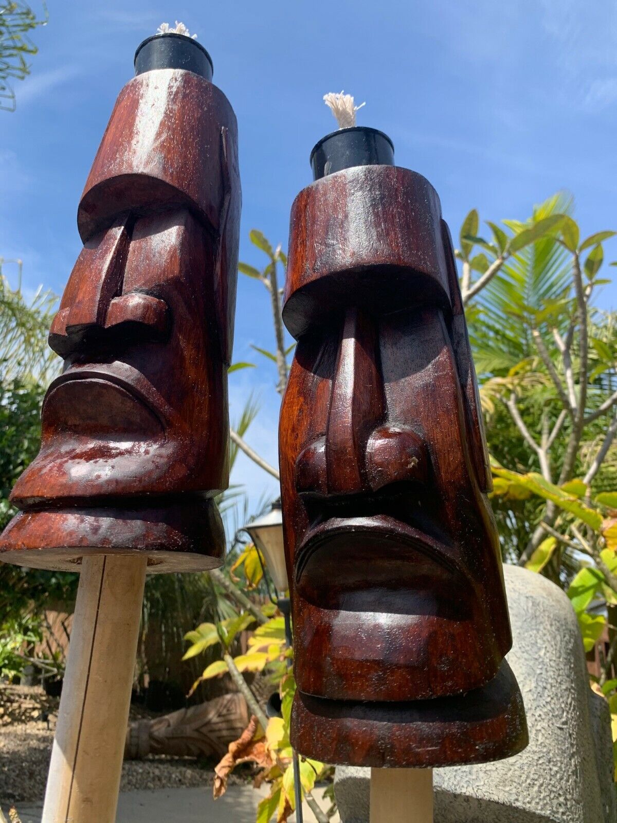 New DAMAGED SECONDS Moai Easter Island Tiki Torch set of 2 Smokin\' Tikis Hawaii 