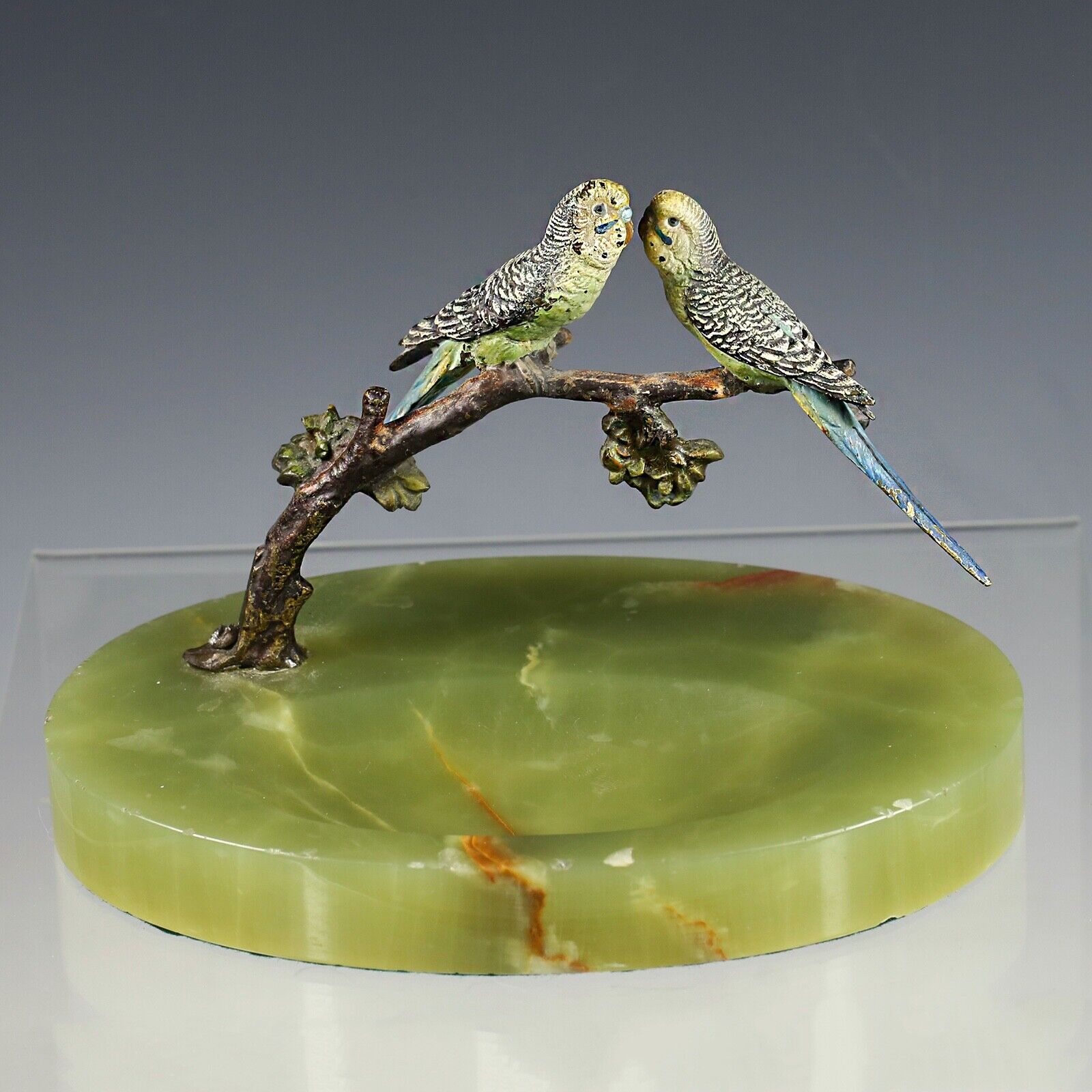 Austrian cold painted bronze Parakeet bird figurine tree brunch green Onyx dish
