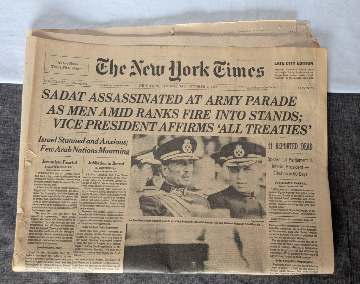 old newspaper The New York Times Wed. Oct 7, 1981 Sadat Assassinated
