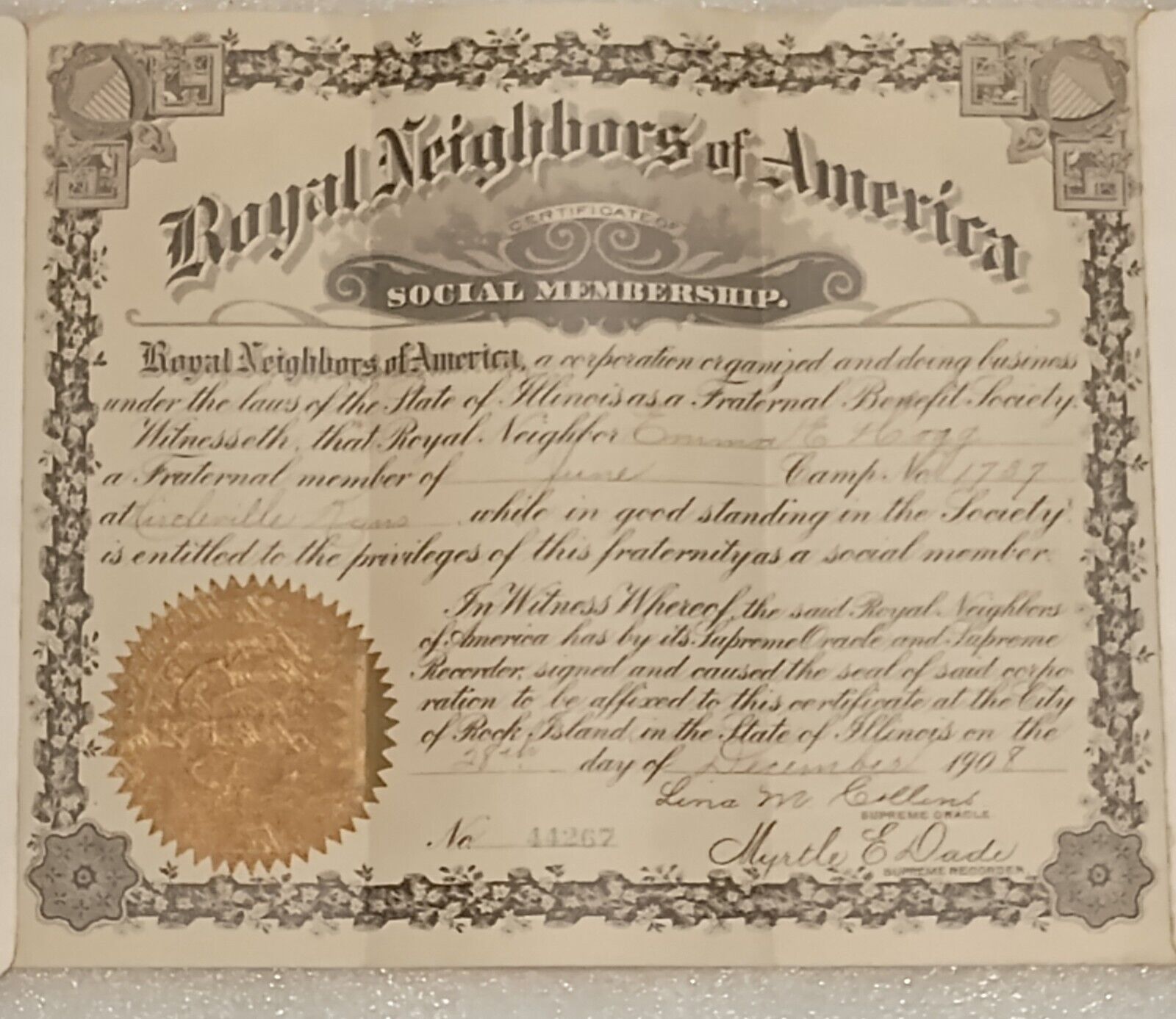 1908 - Royal Neighbors Of America Social Membership Certificate