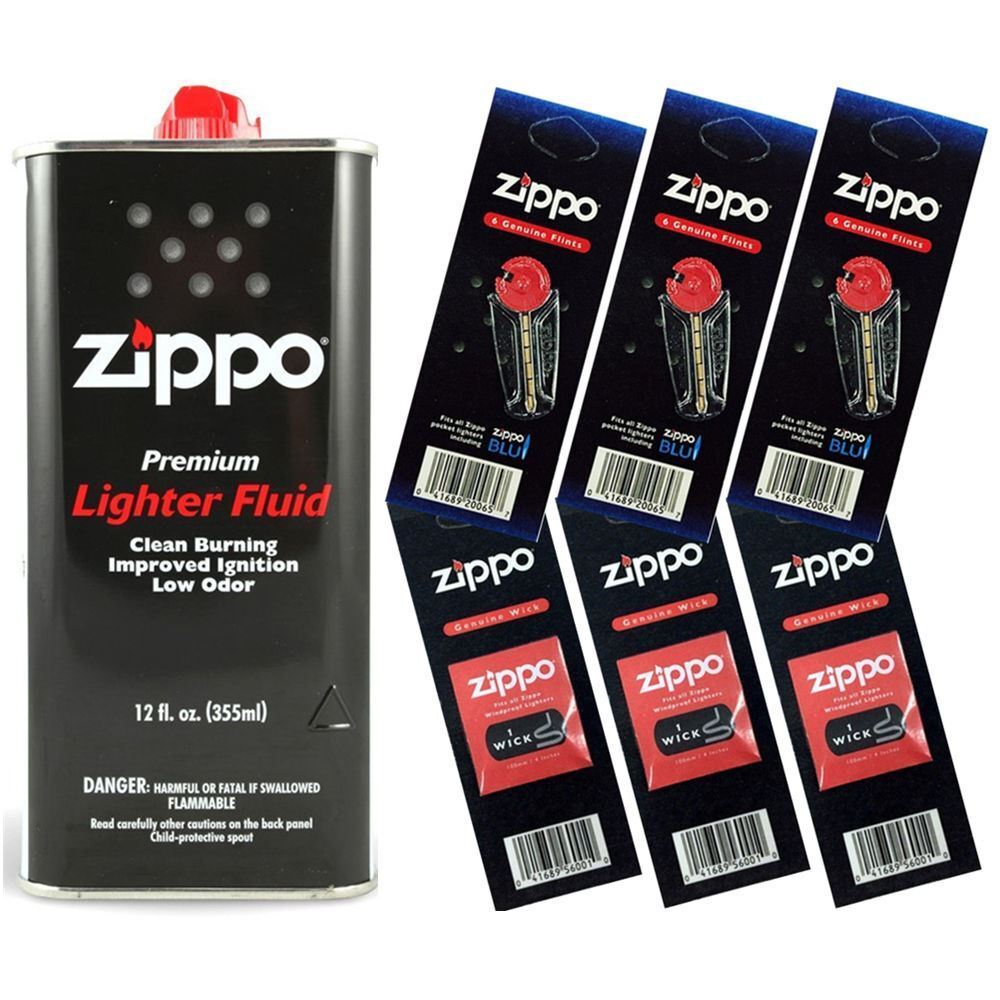Zippo Lighter Fluid Fuel 12oz & 6 Value Pack (18 Flints + 3 Wick) Gift Set Combo