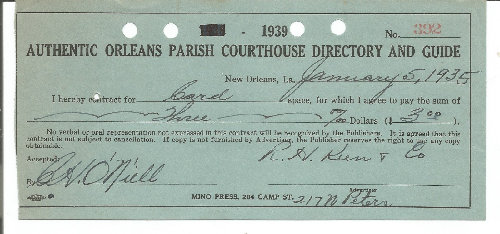 Antique Authentic New Orleans Parish Courthouse Directory & Guide Receipt 1935