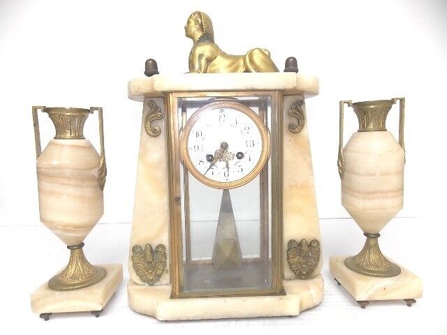 ANTIQUE FRENCH VICTORIAN JAPY FRERESE ALABASTER MANTEL CLOCK W/ SPHINX