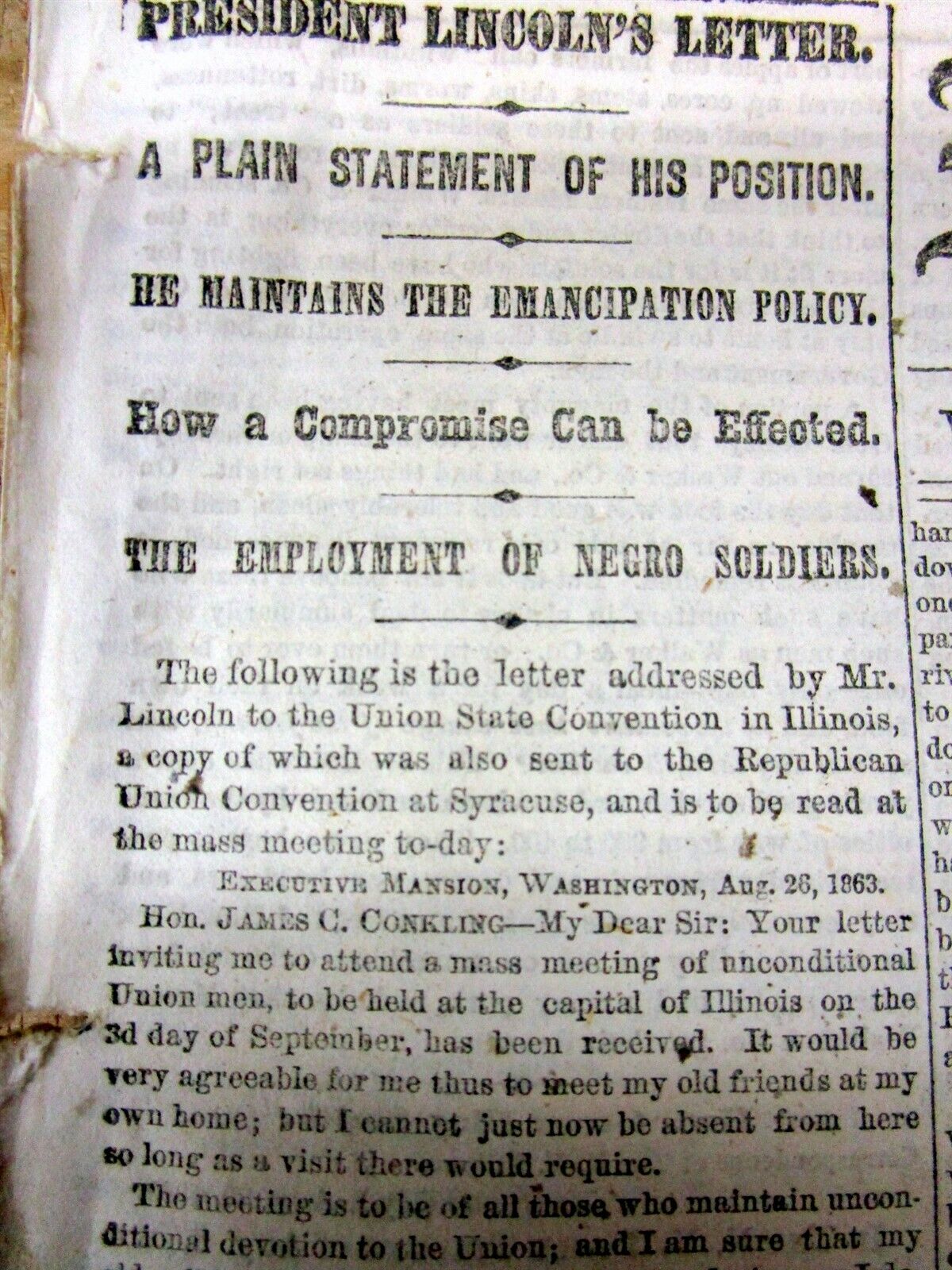 1863 Civil War newspaper w ABRAHAM LINCOLN LETTER on NEGR0 SOLDIERS in the ARMY