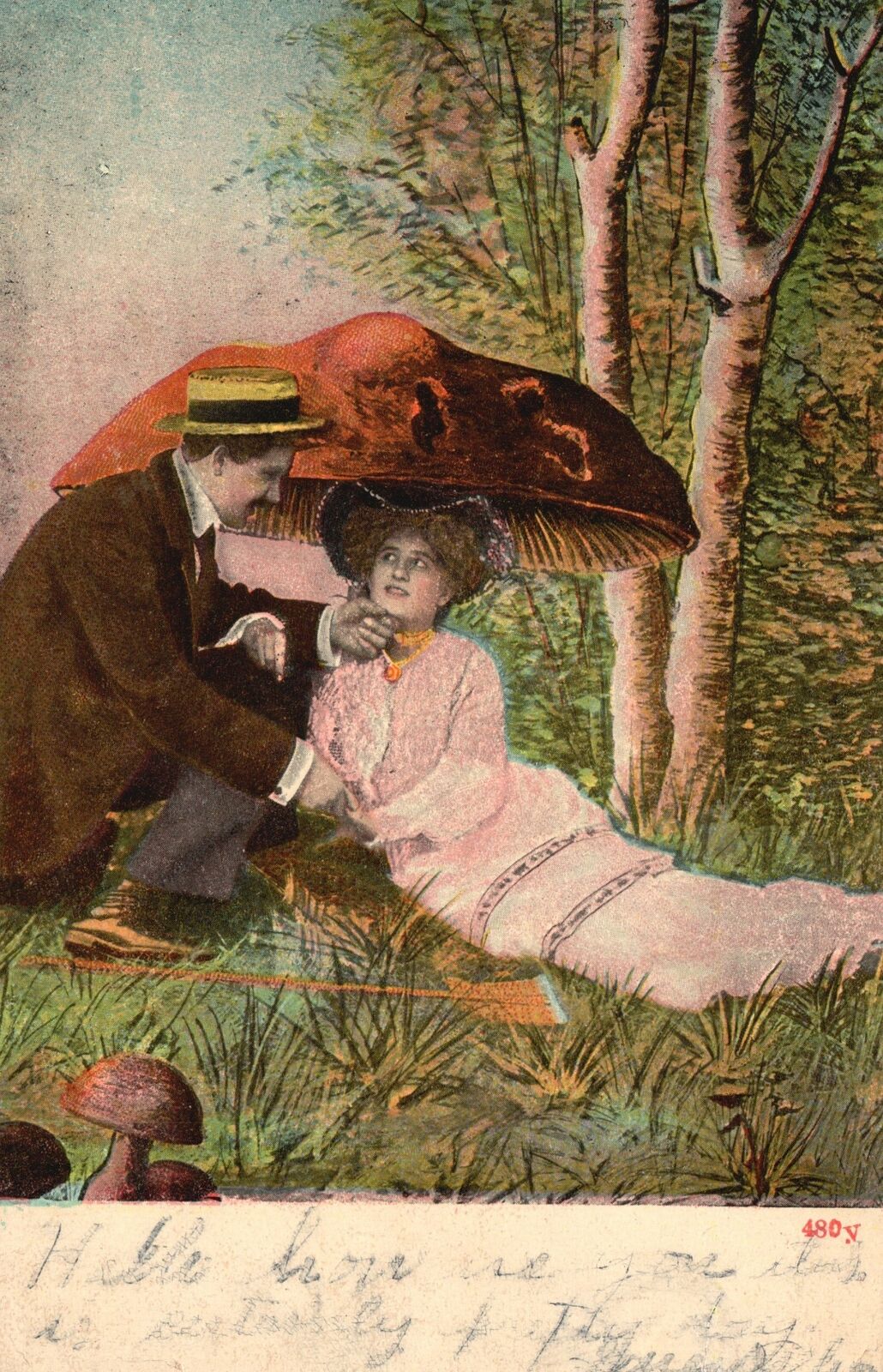 Lovers Couple Sweet Romance Under The Umbrella Vintage Postcard 1907