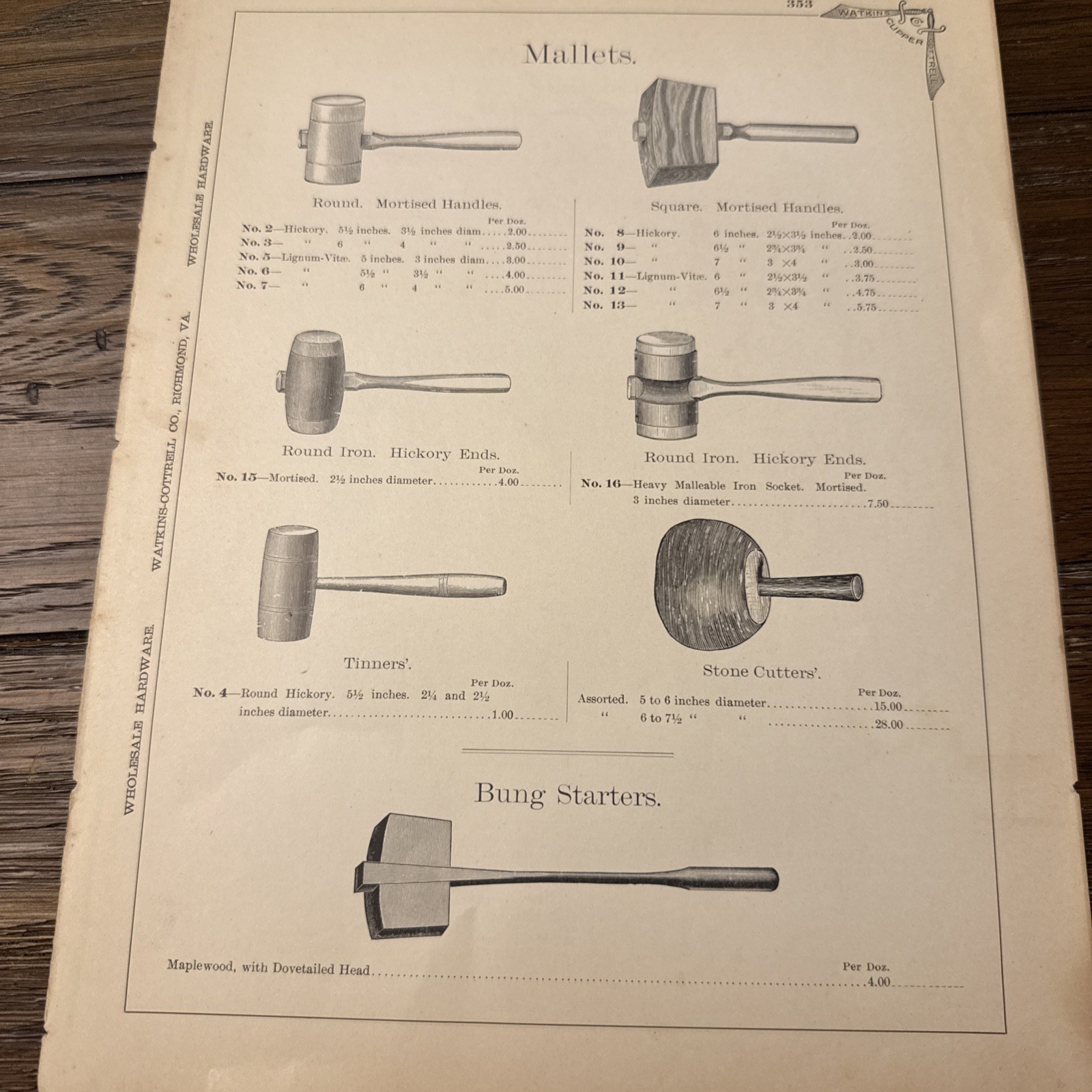 VTG Print Ad Bung Starter Mallet Lingum Vitae Stone Cutter Hickory Maplewood