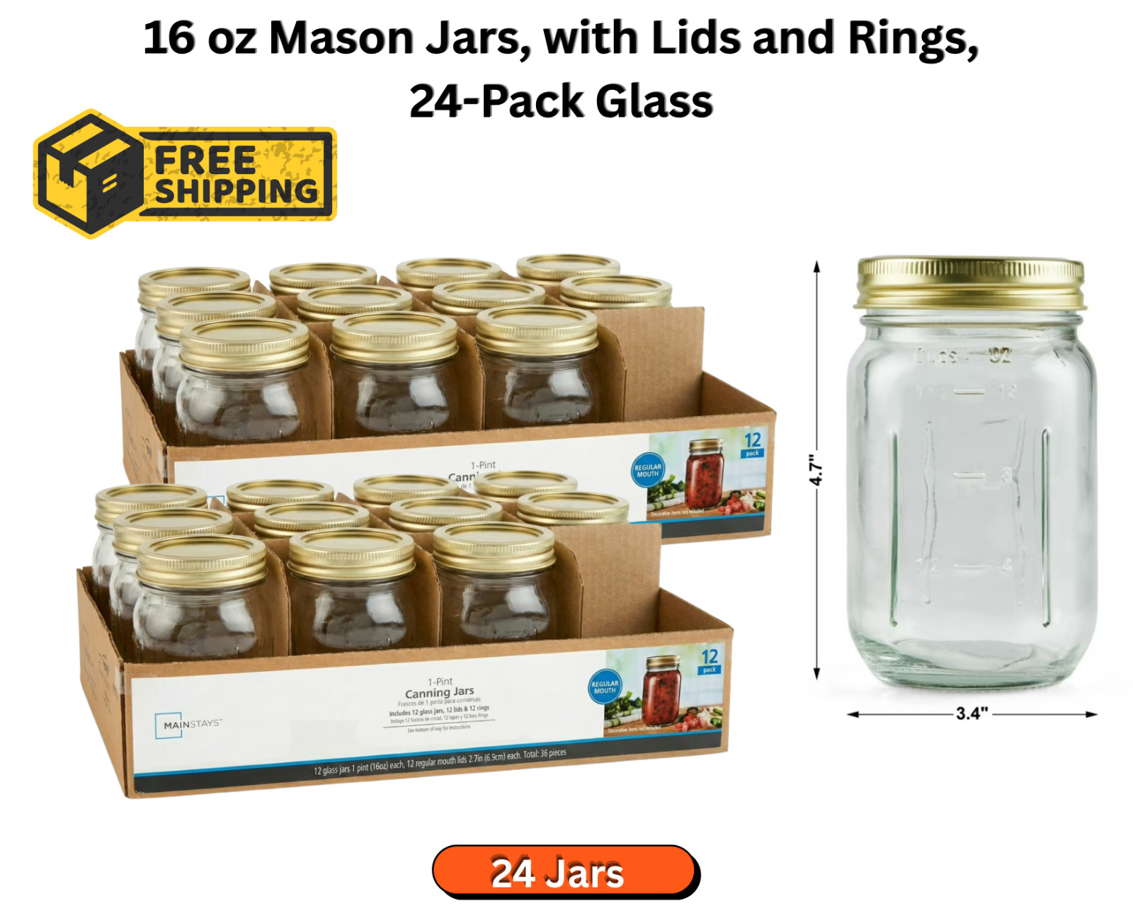 Regular Mouth 16 Oz Mason Jars 24Pk, Pint Canning Jars and Lids, Bulk Glass Jars