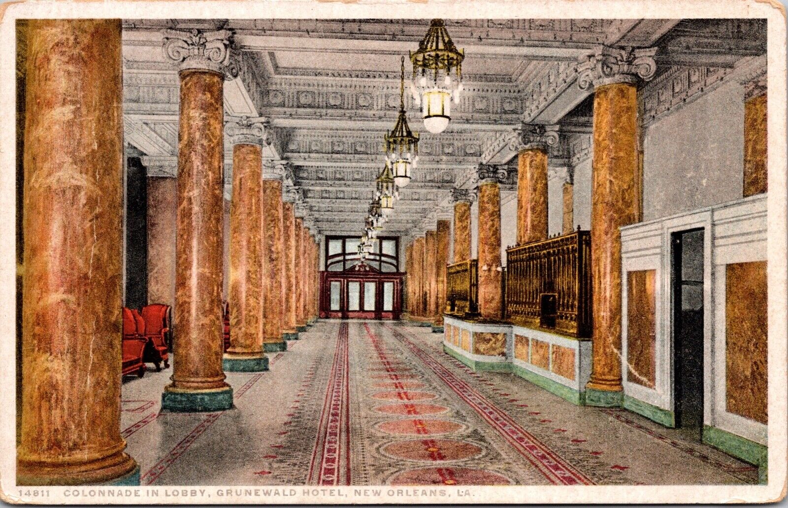 Postcard Colonnade in Lobby, Grunewald Hotel in New Orleans, Louisiana~3654