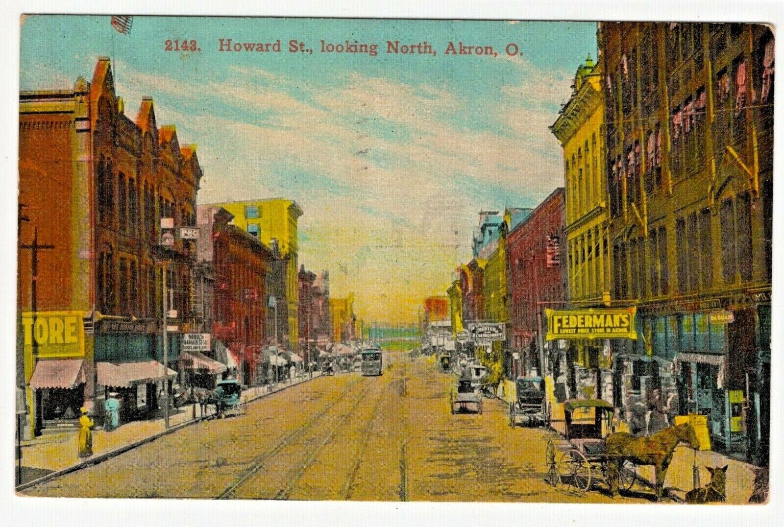 Akron OH Postcard Howard Street View Federmans Store Cable Car Summit County