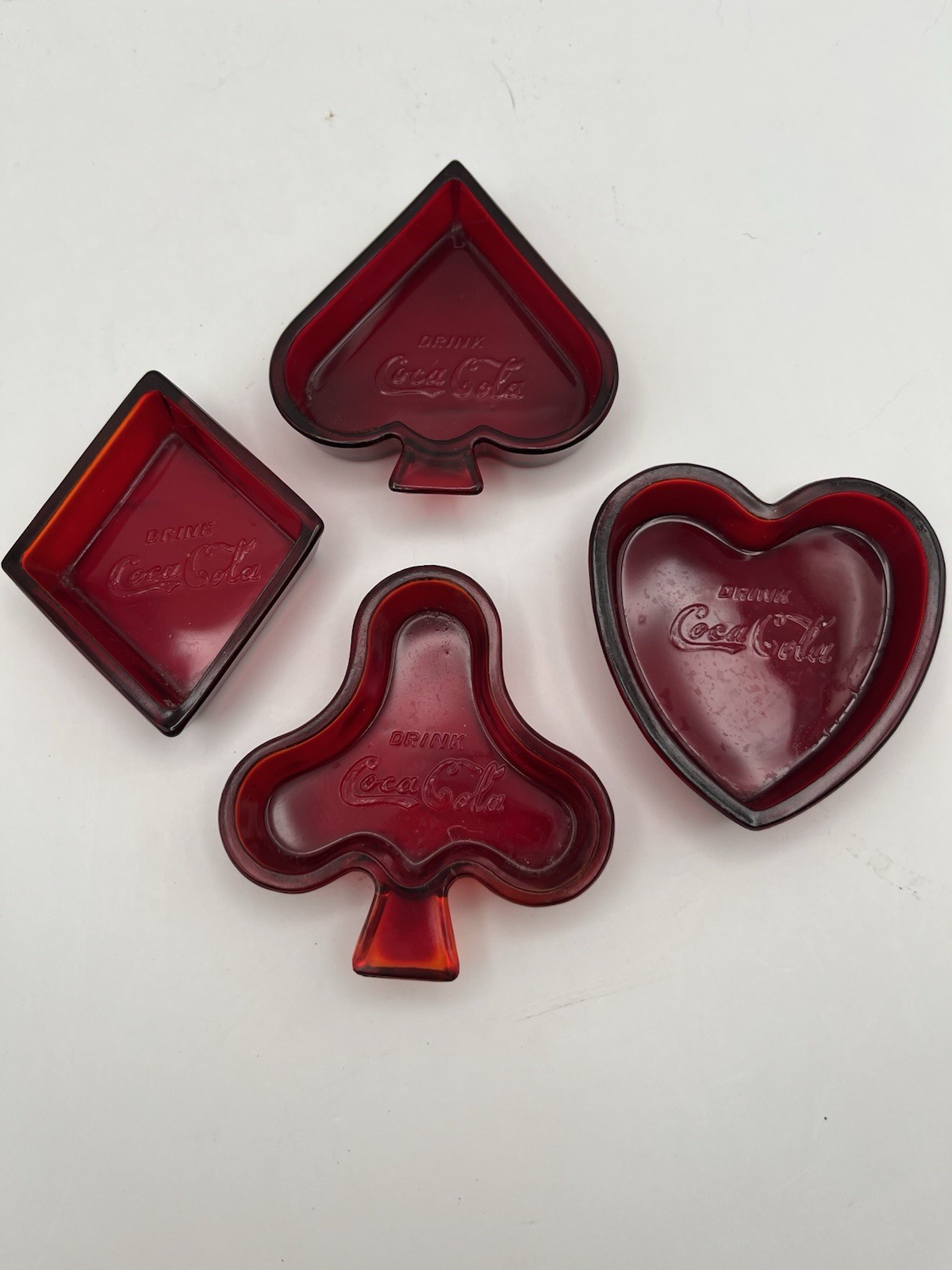RARE SET Vintage 1950s Coca Cola Ruby Red Glass Ashtrays Complete VGC RARE SET Vintage 1950s Coca Cola Ruby Red Glass Ashtrays Complete VGC