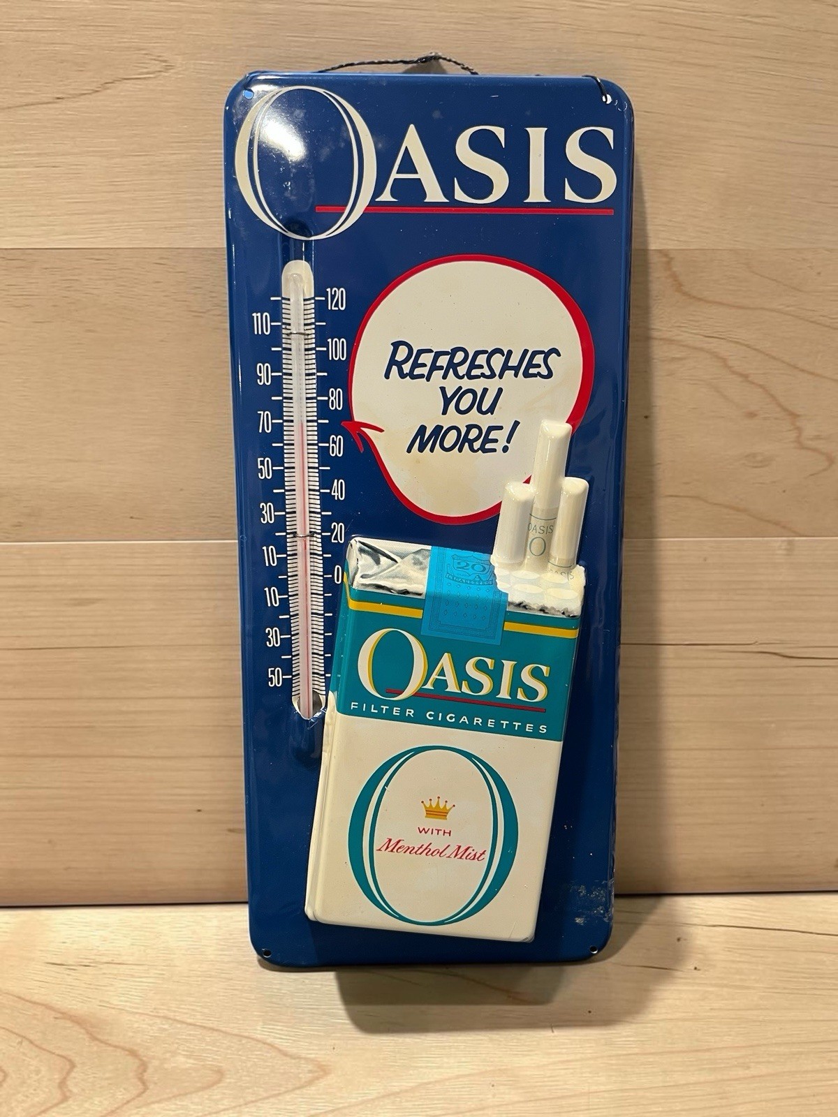 Vintage Oasis Cigarettes Tin Sign Thermometer Menthol Mist Working W/ Screws