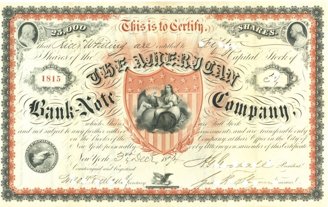 American Bank Note Co. - Extremely Rare - Stock Certificate - General Stocks