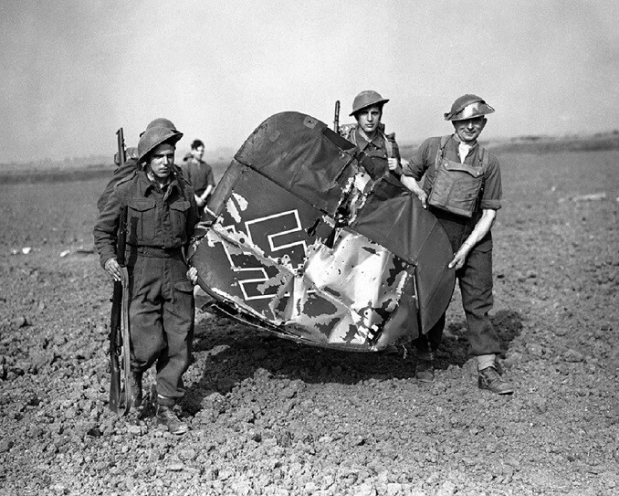 Soldiers carry tail of a German Messerschmitt Shot Down 8x10 WWII Photo 754a