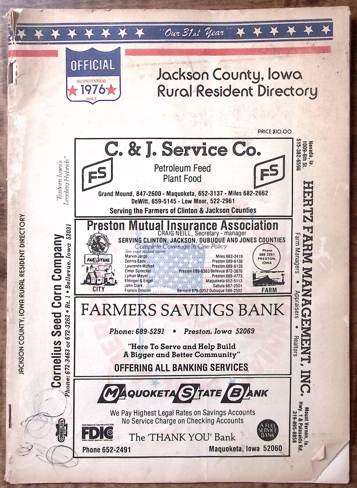 1976 JACKSON COUNTY IOWA DIRECTORY FULL OF ADVERTISING LOCAL TELEPHONE #s  Z5459