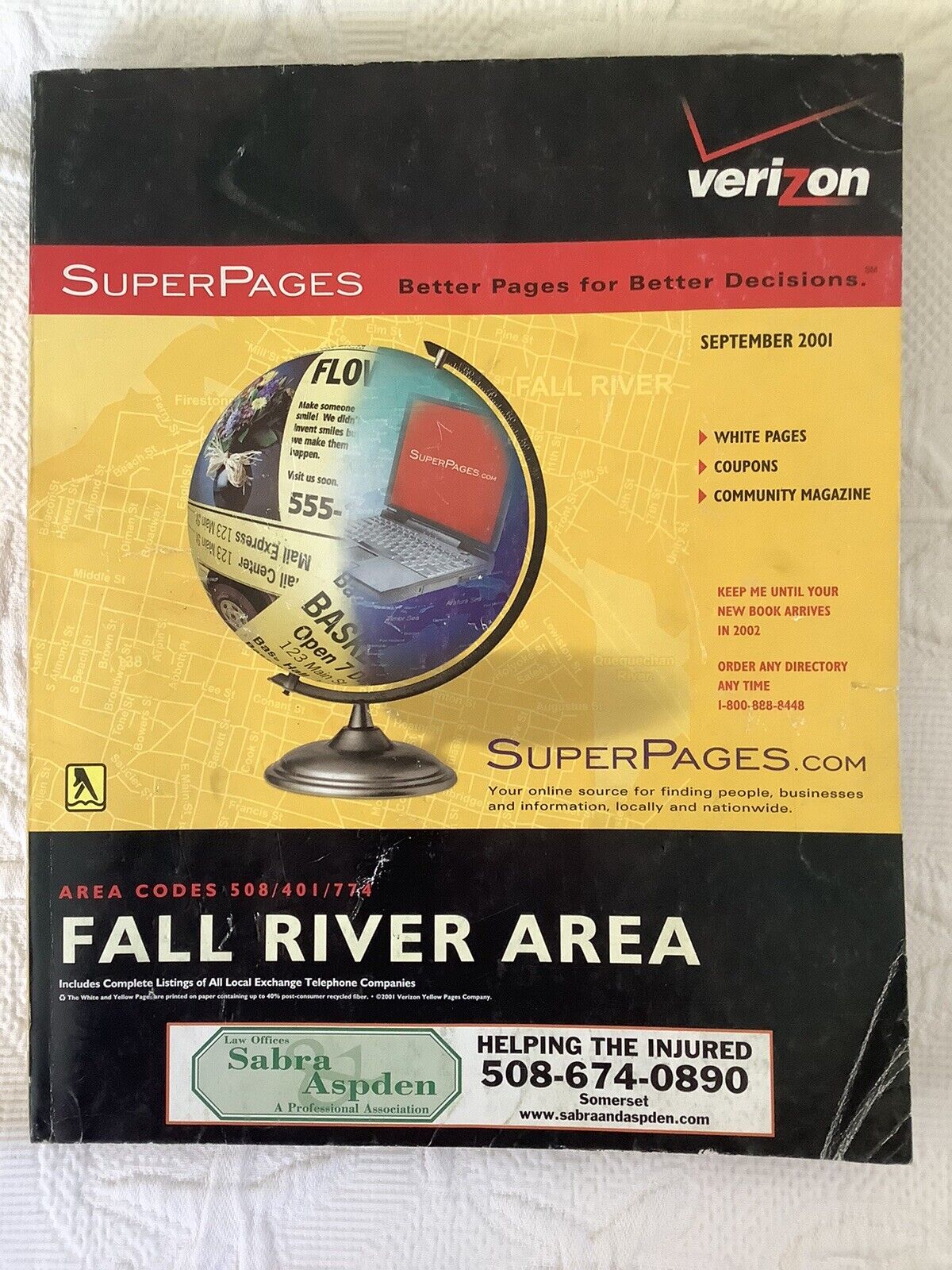 Sept 2001 Verizon Yellow White Somerset Fall River MA Area Phone Directory Book
