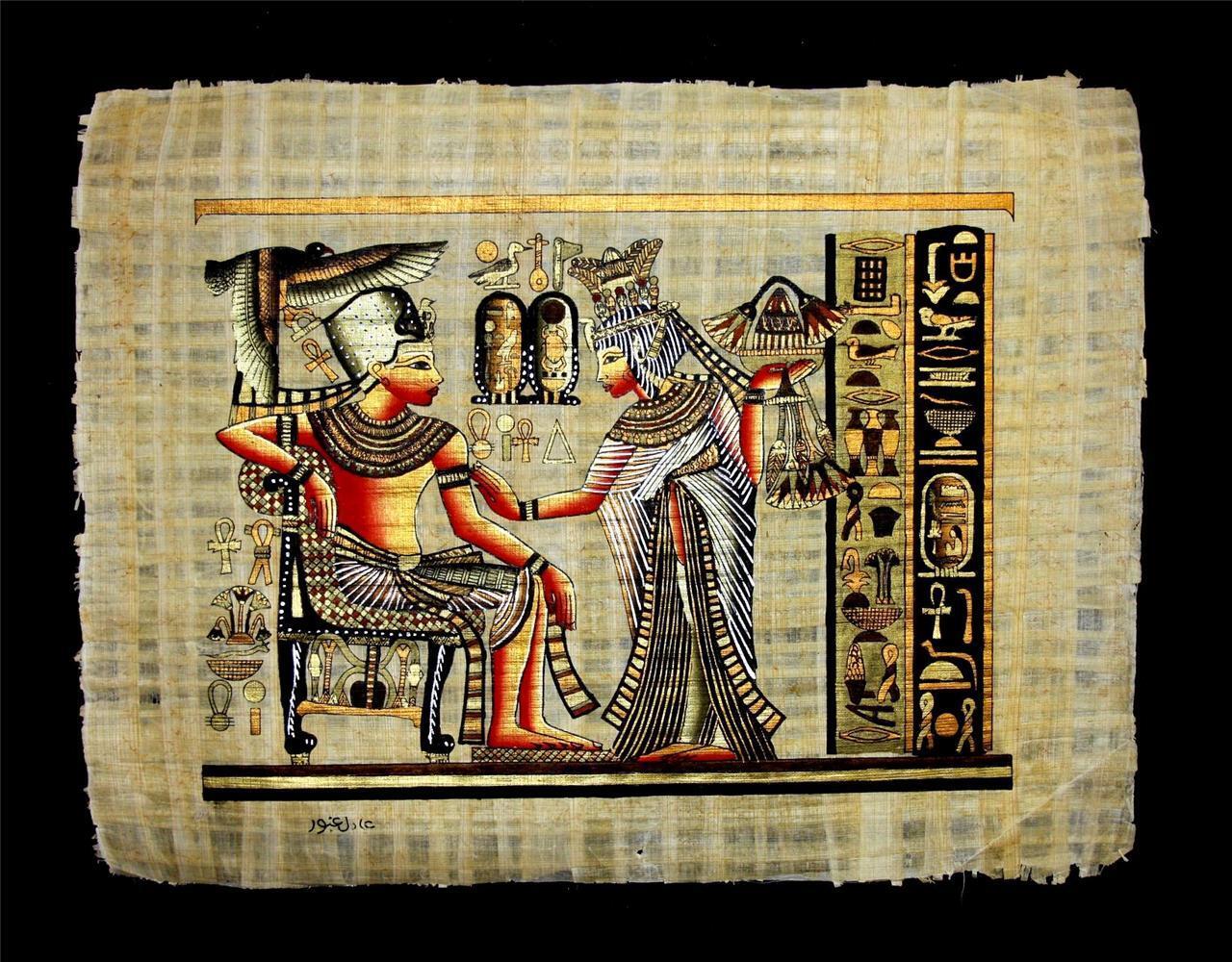 Rare Authentic Hand Painted Ancient Egyptian Papyrus-King Tut in Golden Shrine