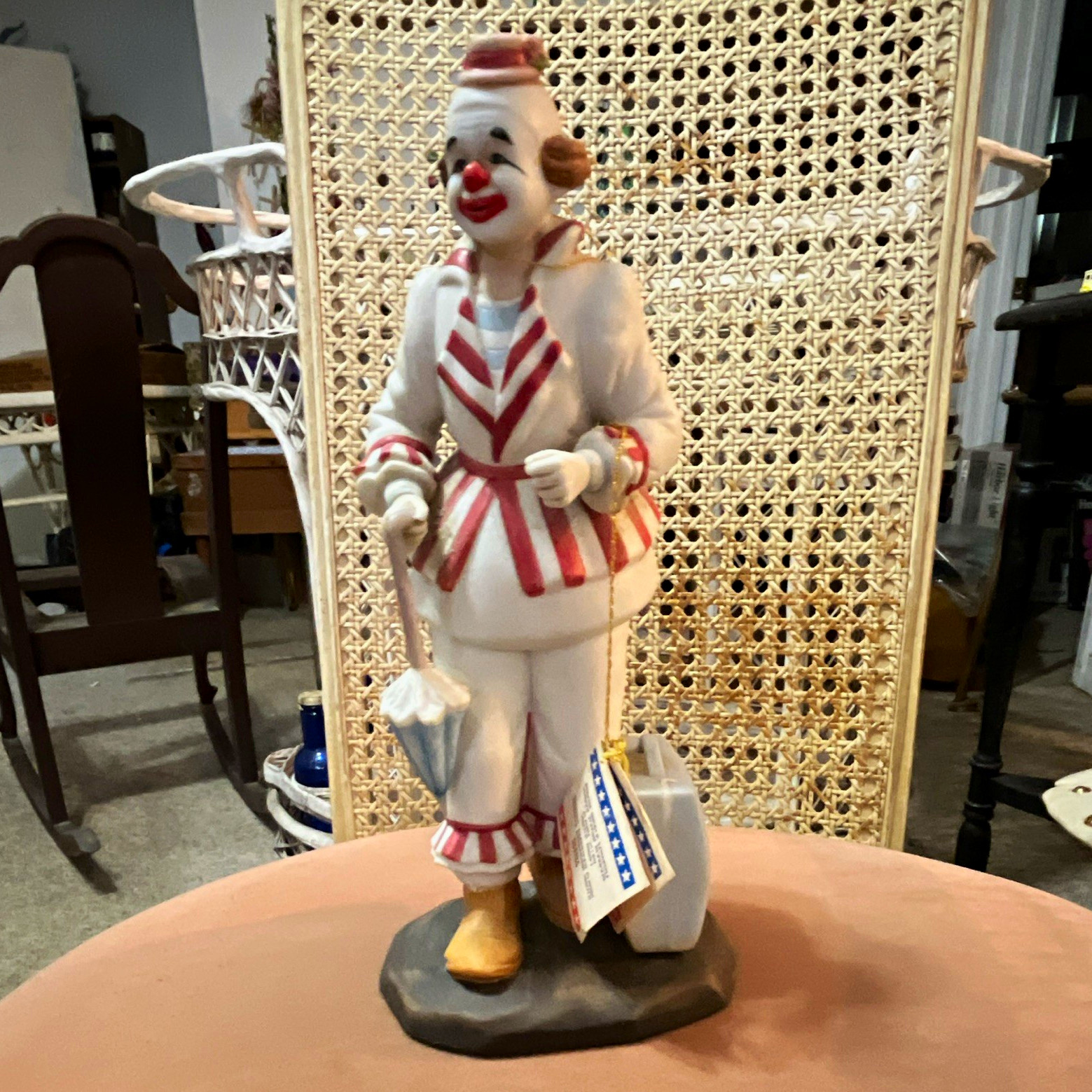 Painted Porcelain Circus Clown Figurine w/ Umbrella, White Red Blue Striped Painted Porcelain Circus Clown Figurine w/ Umbrella, White Red Blue Striped