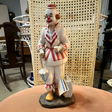 Painted Porcelain Circus Clown Figurine w/ Umbrella, White Red Blue Striped picture