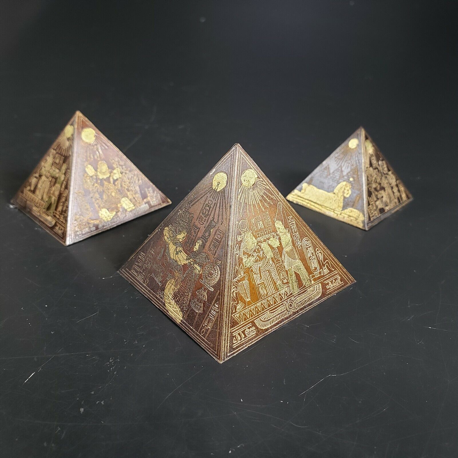 Egyptian Giza Plateau Pyramids Miniature Set 3 Intricately Etched Vintage Copper