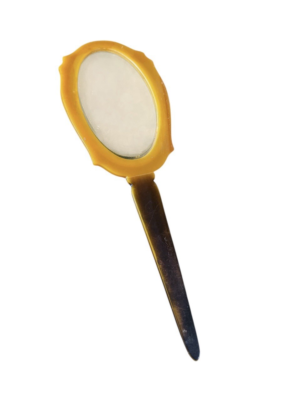 Vintage Antique Butterscotch Bakelite(?) Beveled Hand Mirror Art Deco Design Vintage Antique Butterscotch Bakelite(?) Beveled Hand Mirror Art Deco Design