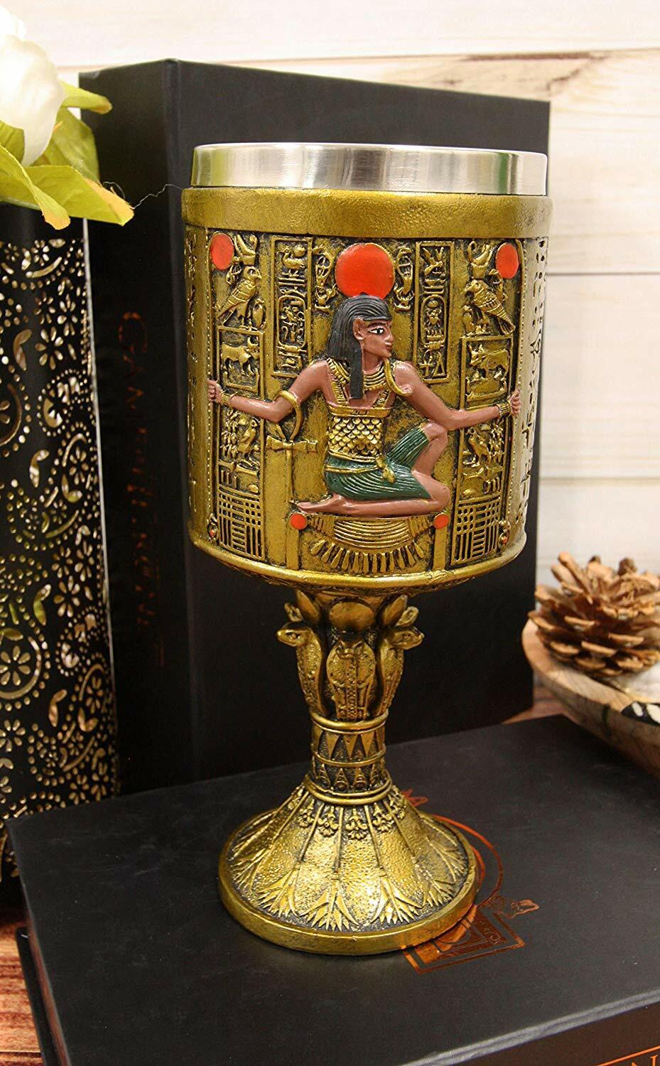 Kneeling Egyptian Goddess Maat With Uraeus Pillar Larger Wine Goblet Chalice Cup