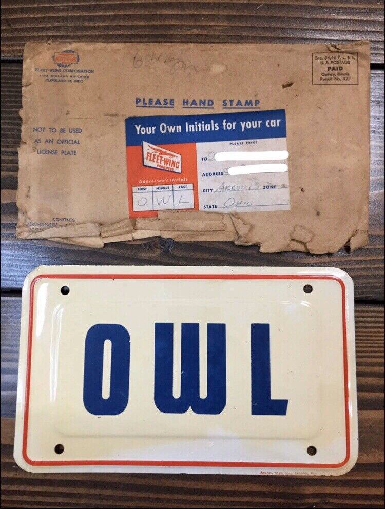 OWL Initial Vanity License Plate Or Nocturnal Night Bird Antique Fleet-Wing Corp