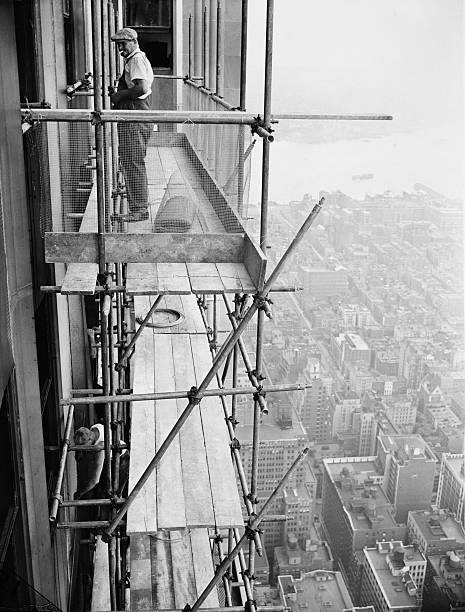 Workers standing scaffolding repair damage north side Empire State- Old Photo Workers standing scaffolding repair damage north side Empire State- Old Photo