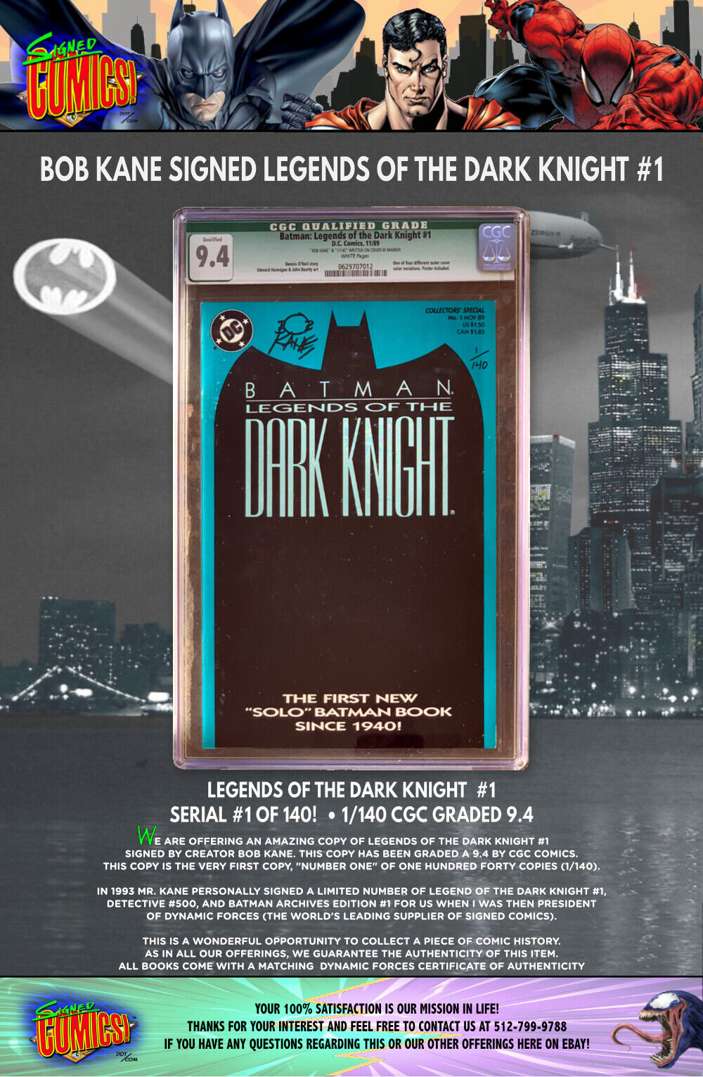BOB KANE SIGNED LEGENDS OF THE DARK KNIGHT #1 • CGC GRADED 9.4 1/140 FIRST COPY