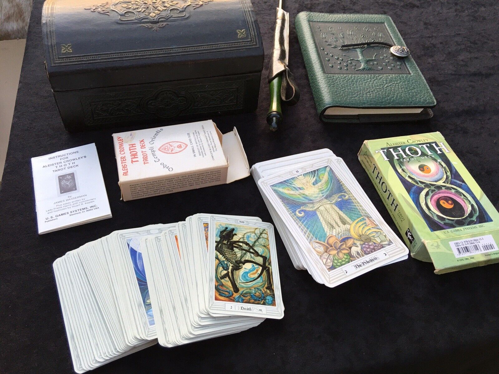 LOT Vintage Aleister Crowley Thoth TAROT Deck TOOLED LEATHER WORK BOOK CASE WAND