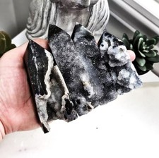 Natural Black Sphalerite Druzy Geode Healing Crystal Tower Point Obelisk Quart picture