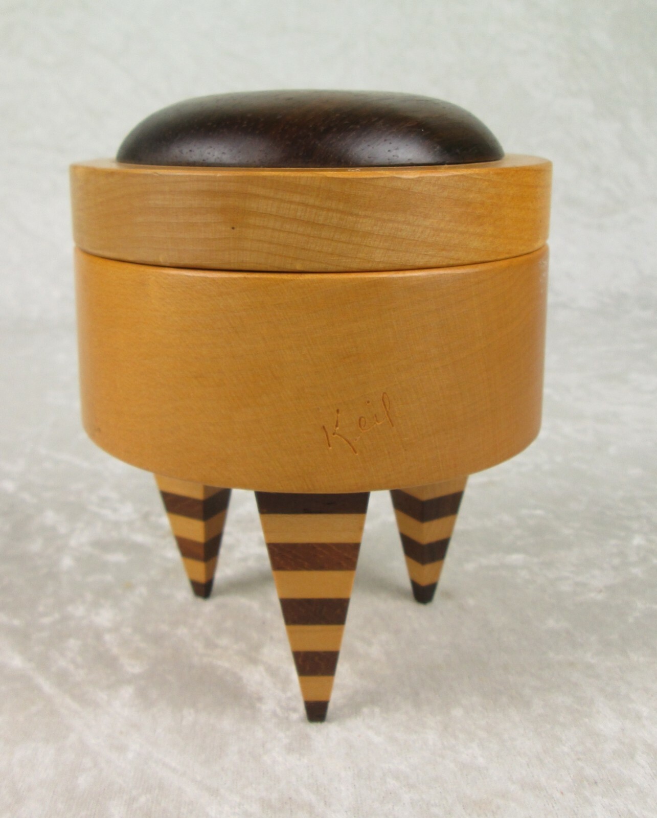 Russ Kiel Handmade Memphis Style Mixed Wood Trinket Box 5-1/2 inch Tall 4-1/2Dia Russ Kiel Handmade Memphis Style Mixed Wood Trinket Box 5-1/2 inch Tall 4-1/2Dia