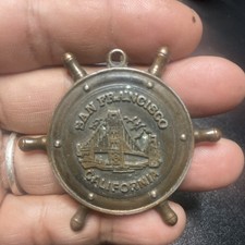 Vintage San Francisco Golden Gate Bridge Ships Wheel Gold Tone Pendant Charm Fob picture