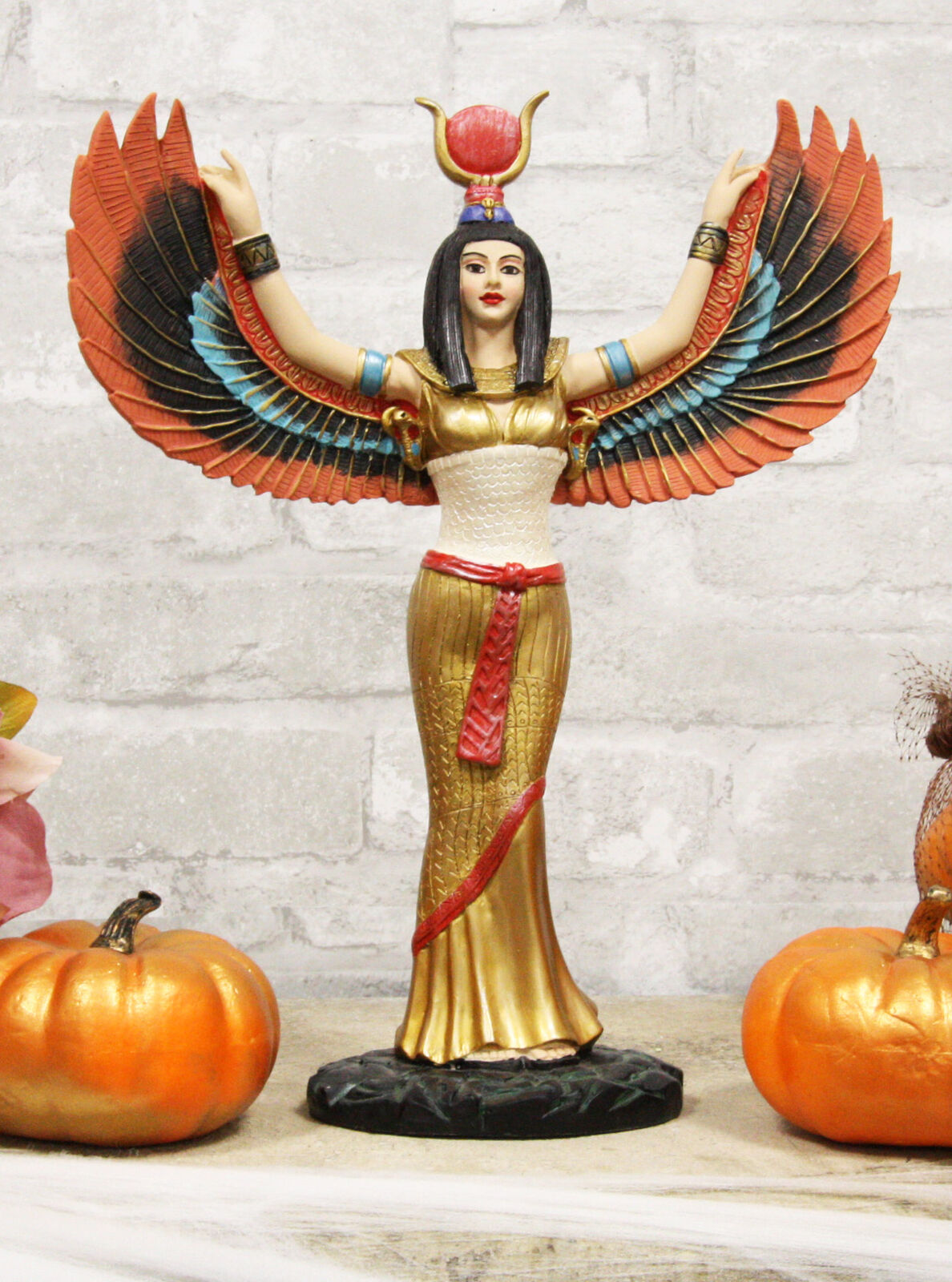 Colorful Egyptian Goddess Isis Ra With Open Wings On Gold Robe Statue 12
