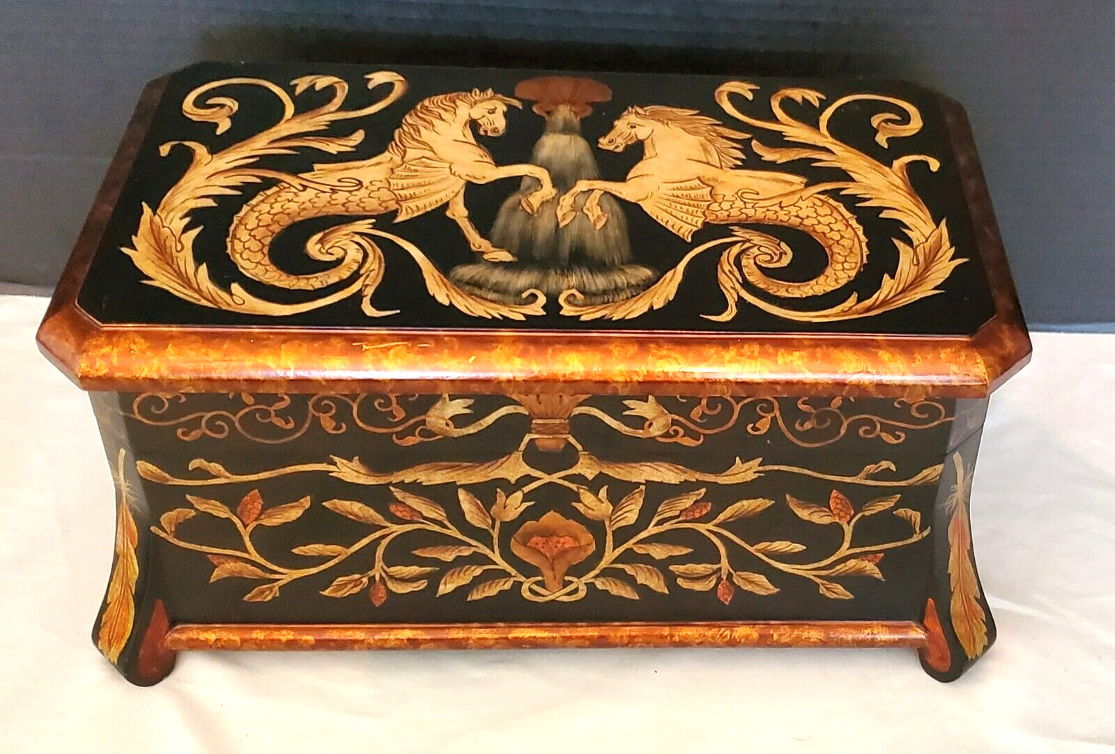 CASTILIAN Import Hinged Wood Keepsake Box, Hand Painted Hippocampus Mythology