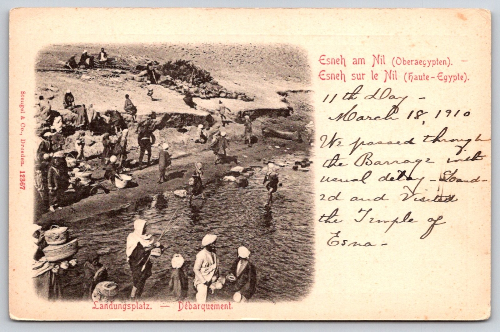 Esna Nile River Landing Place Upper Egypt Stengel Postcard 1910 Undivided Back Esna Nile River Landing Place Upper Egypt Stengel Postcard 1910 Undivided Back